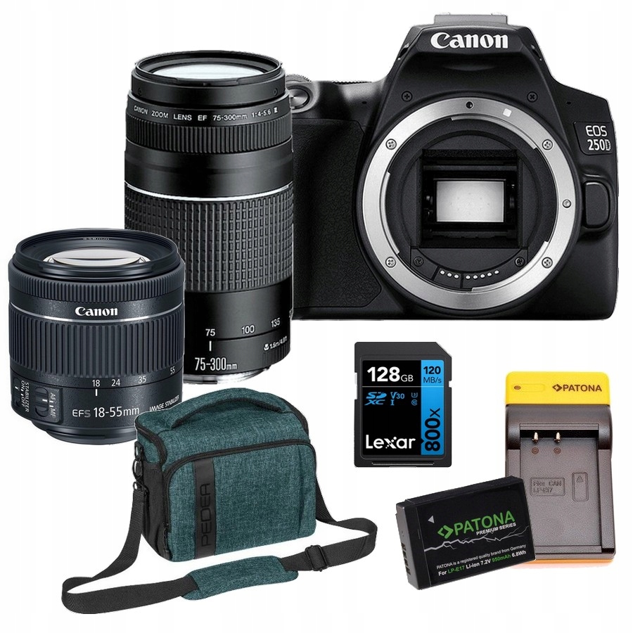 Sada Canon 250D 18-55 Is Stm 75-300 karta Lexar 128 Gb taška Pedea
