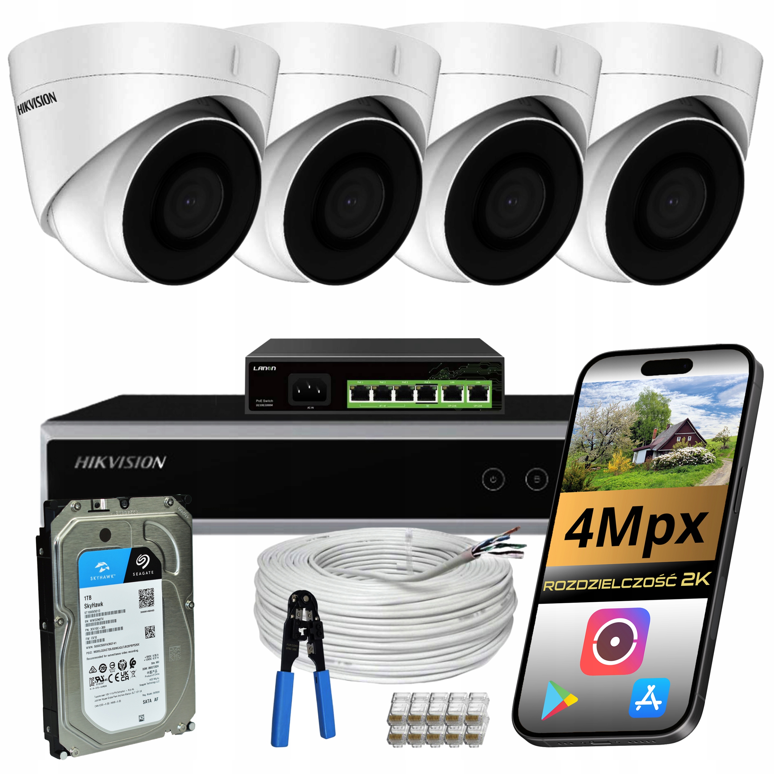 Zestaw Do Monitoringu Domu 4 Kamery Zewnętrzne Ip Poe 4Mpx Hikvision 1TB