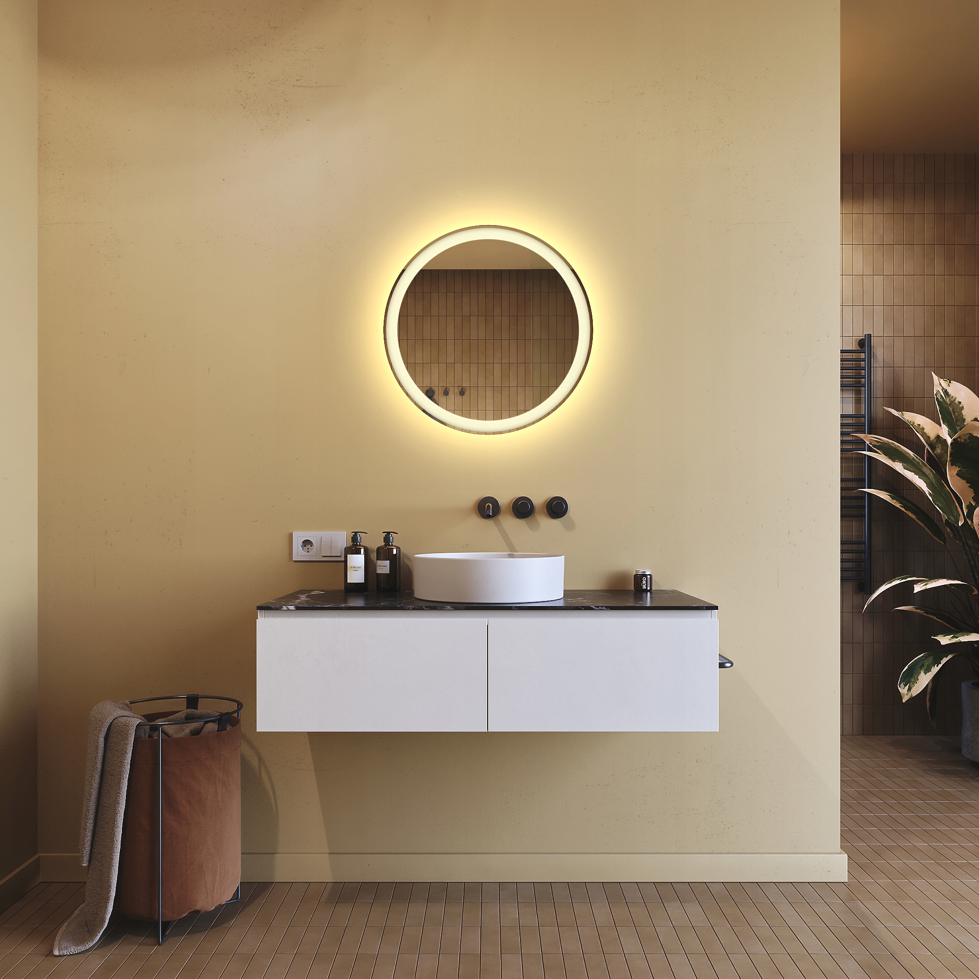 Zrcadlo Led 60 cm kulaté, podsvícené koupelnou Teplá Barva moderní