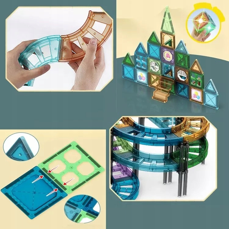 KLOCKI MAGNETYCZNE EDUKACYJNE PANELE KOLEJKA AUTA Liczba elementów 96 szt.