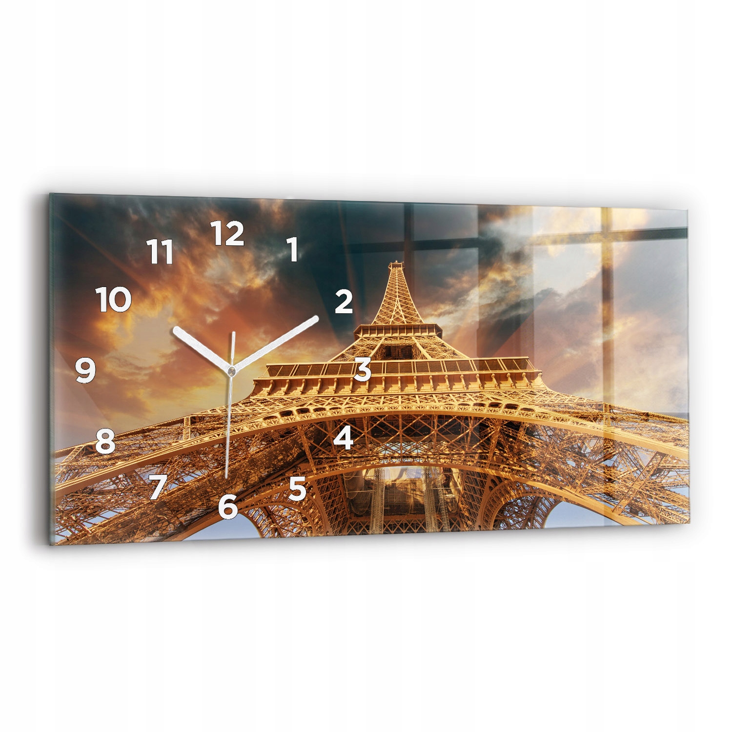 Moderní skleněné nástěnné hodiny 60 cm x 30 cm Eiffelova věž v záři slunce