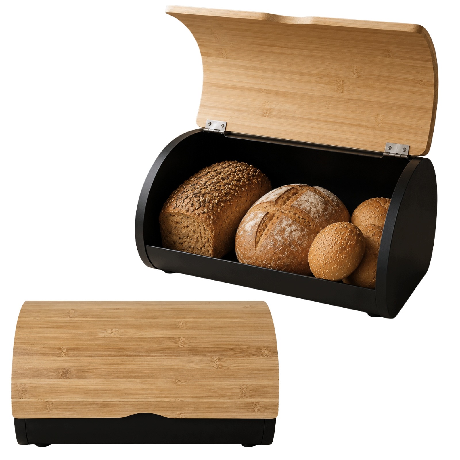 Kovový Chlebník S Bambusovou Roletou 38X25X20 CM, Černý Na Pečivo
