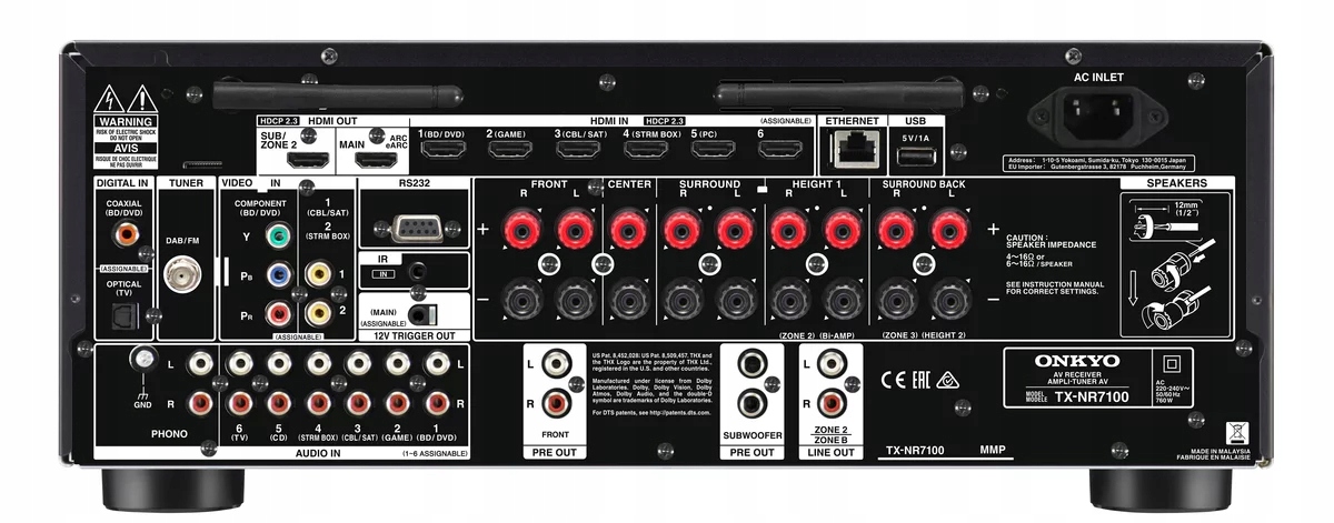 ONKYO TX-NR7100 Amplituner kina 9.2 Atmos DAB Liczba cyfrowych wejść optycznych S/PDIF 1