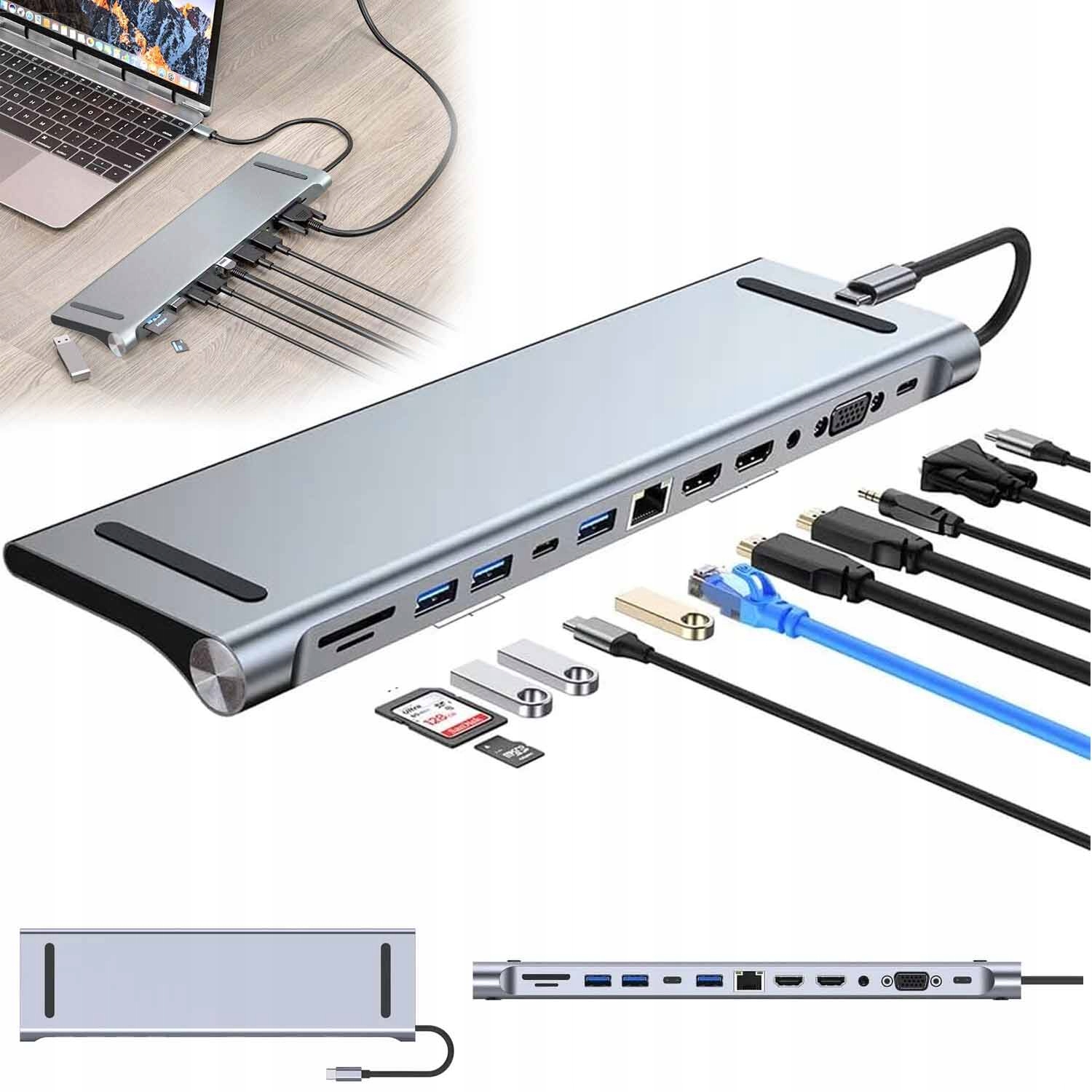 Usb C Hub 12V1 Dokovací Stanice 100W 2xHDMI 4K 60HZ 3XUSB Sd/tf 3,5 mm