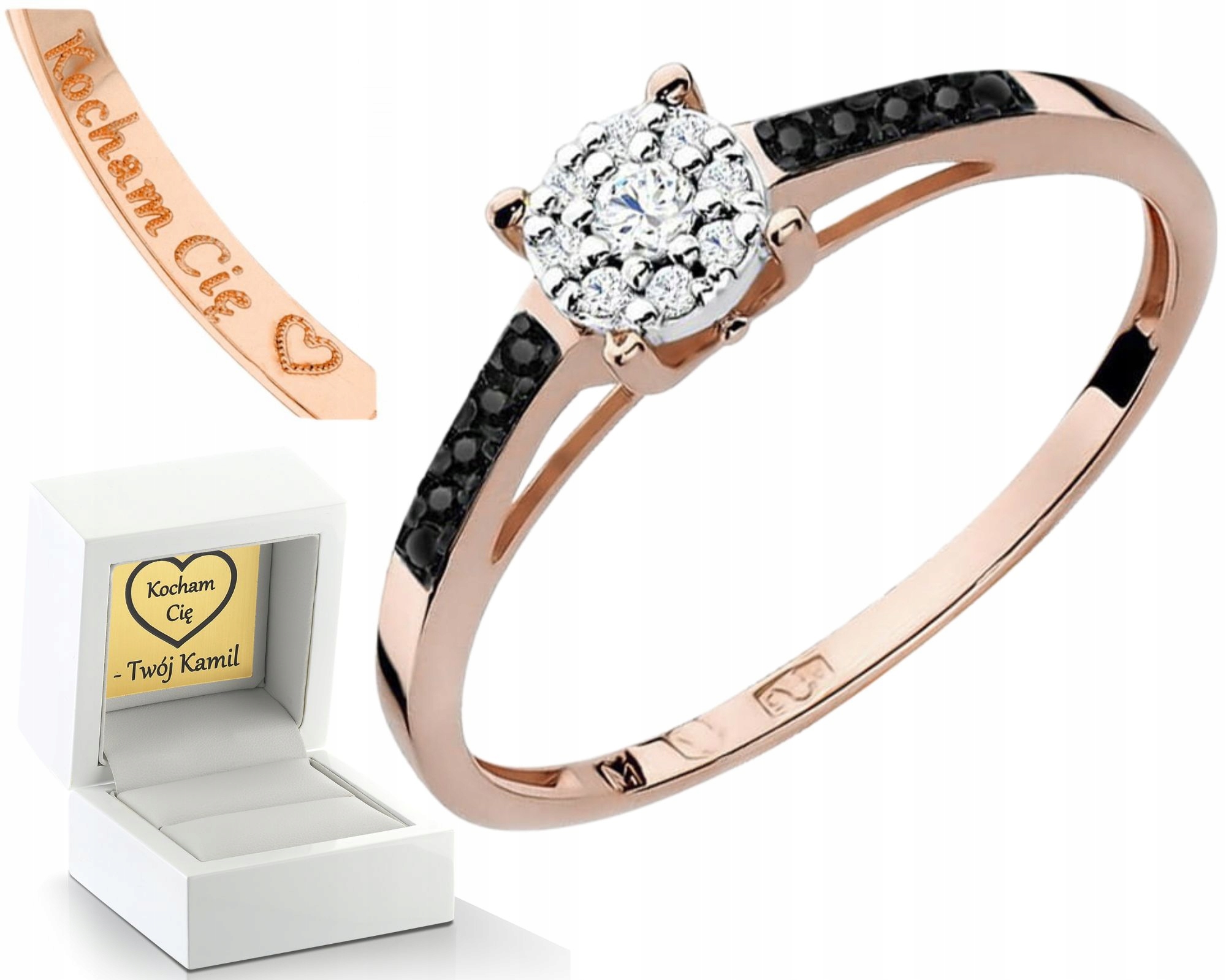 Zlatý Prstýnek Prsten S Černými Diamanty, Růžovým Zlatem Gravírování 585