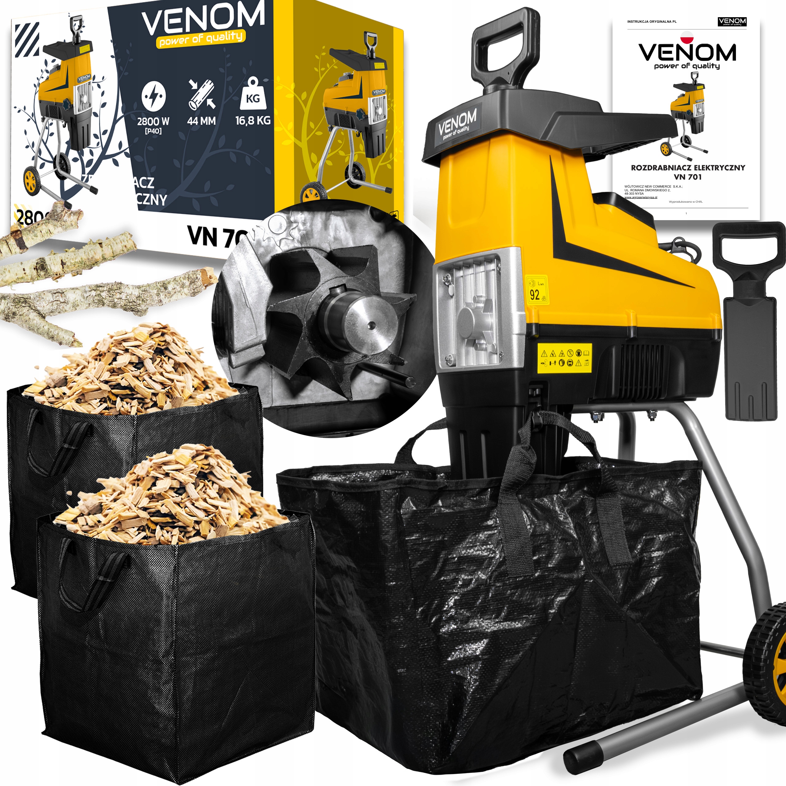 Elektrický Drtič Venom Štěpkovač Větví Pro Výkonný Motor 2X Koš 60 L