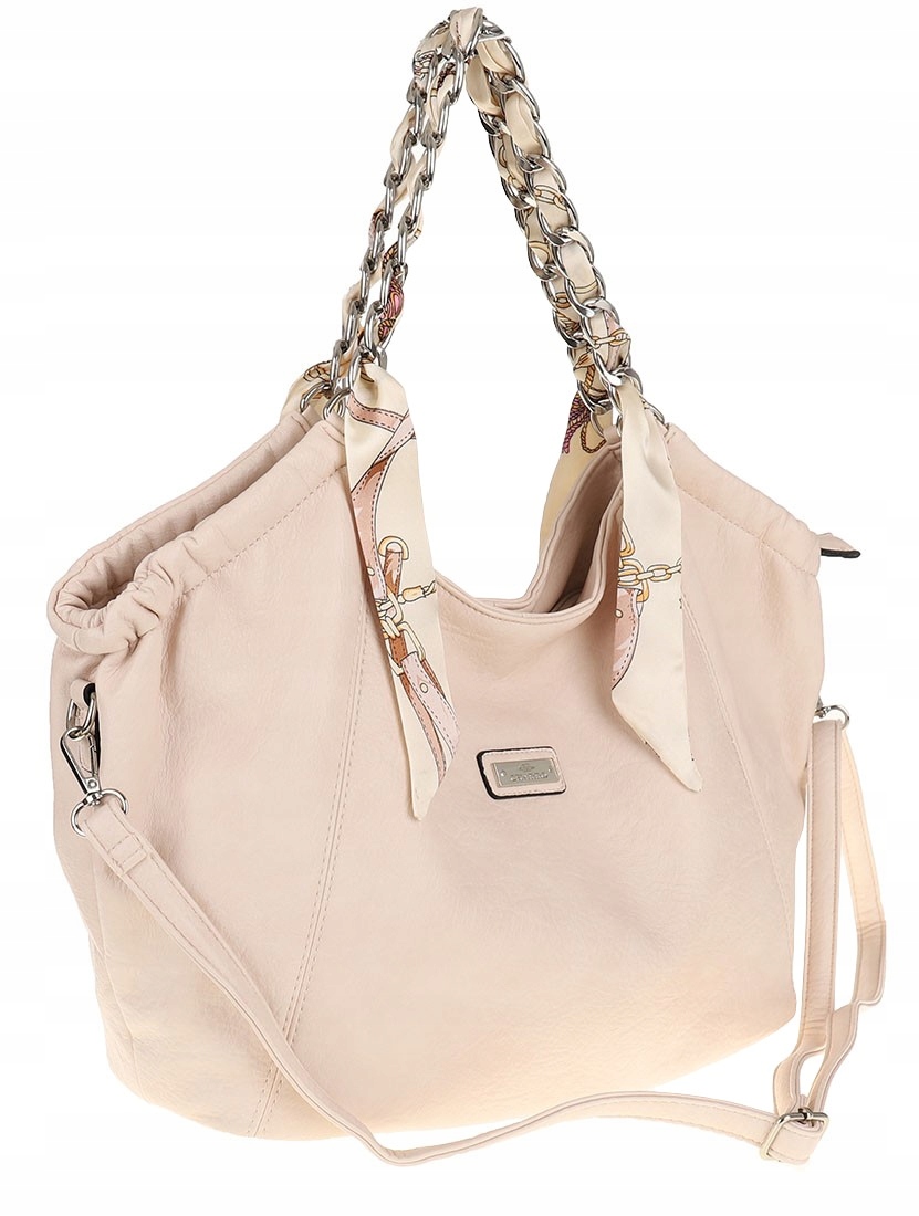 Torebka damska worek shopper A4 pojemna na ramię łańcuszkiem CH2213 Beżowa