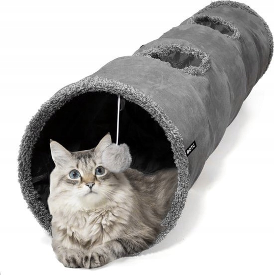 Levně Tunel pro kočky s míčkem, velký, šedý, 130 cm, ⌀30 cm, hračka Botc