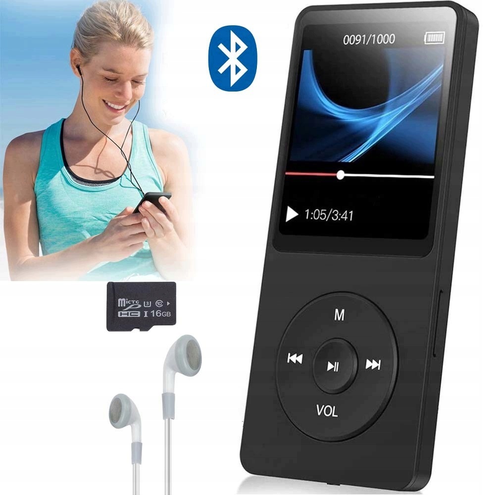Přehrávač MP3 16GB Bluetooth 5.0 Fm E-kniha Diktafon Sluchátka Bonus