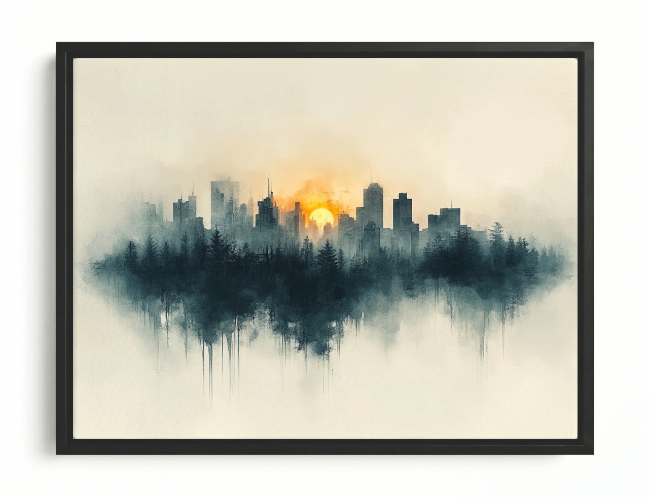 Obraz Rama American Box Grafika Mesto Panoráma Slnko Les Akvarel 80x60
