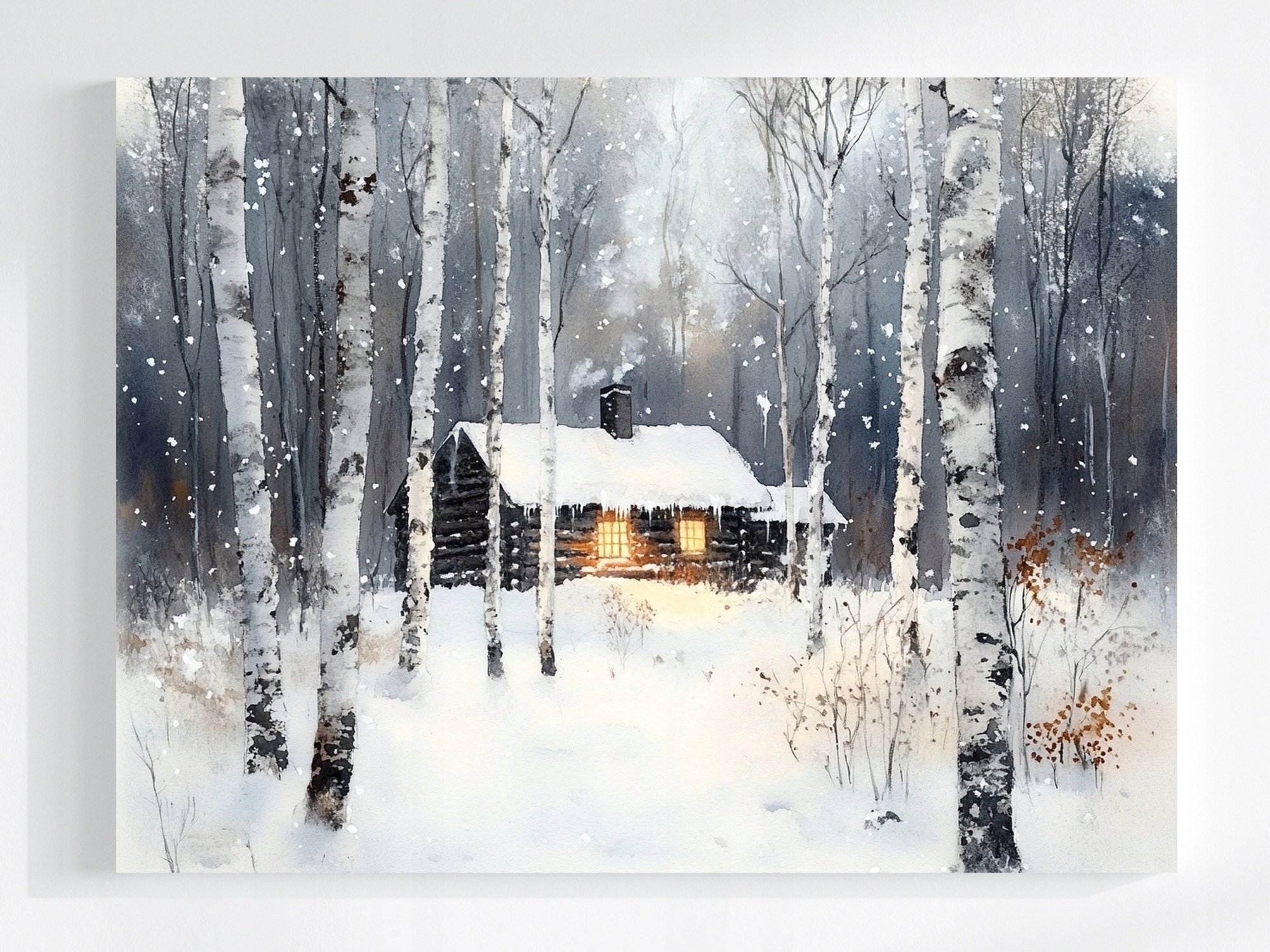 Obraz Na Plátně Canvas Chatka V Lese Zima Sníh Břízy Akvarel 80x60