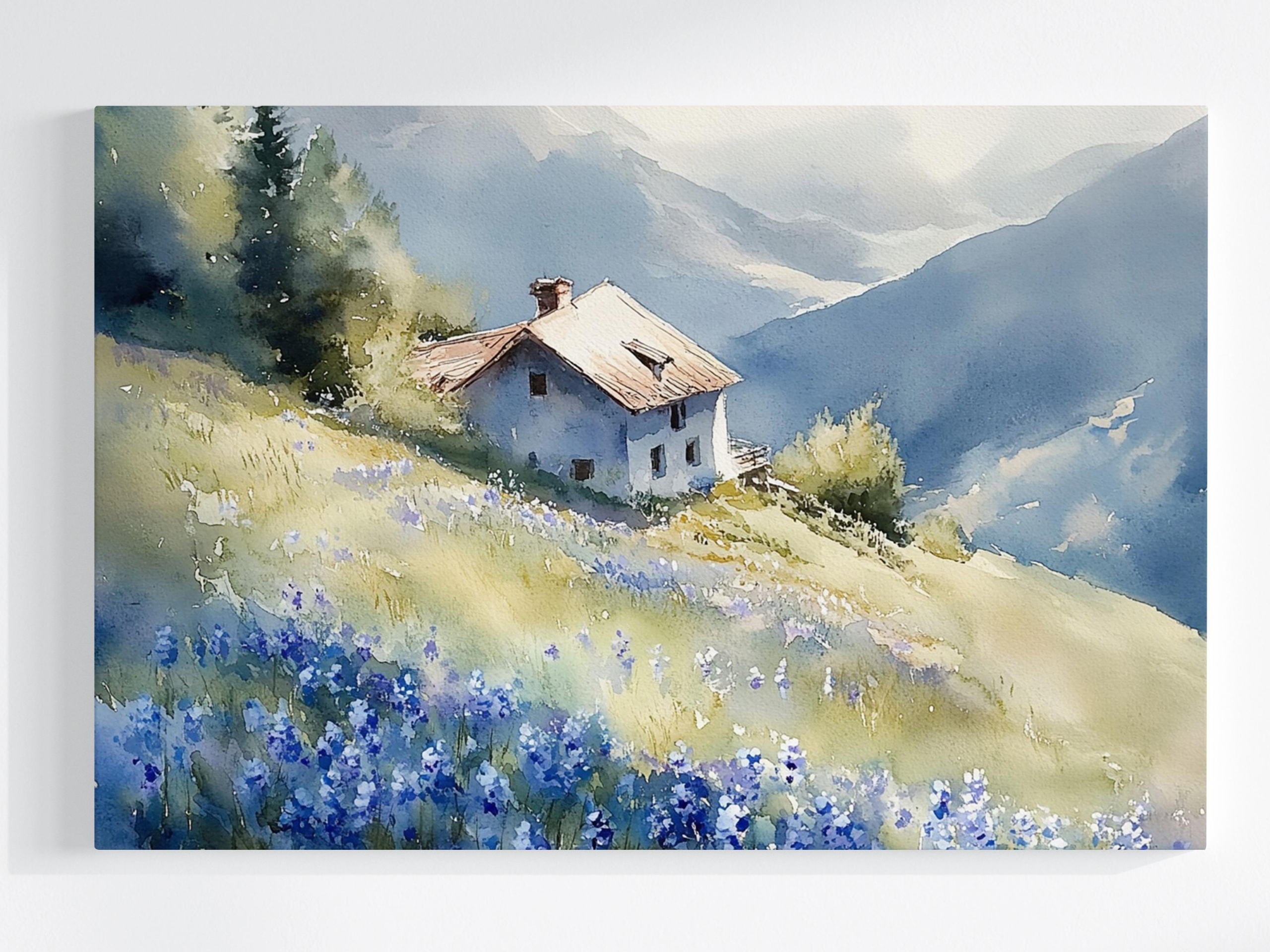 Obraz Na Plátně Canvas Krajina Hory Domek Terasa Pohled Na Louku Květiny 120x80