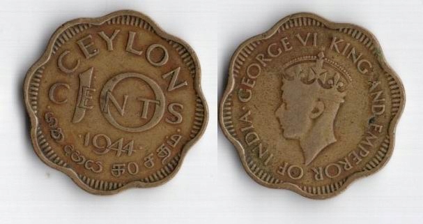 CEJLON BRYTYJSKI 1944 10 CENTS