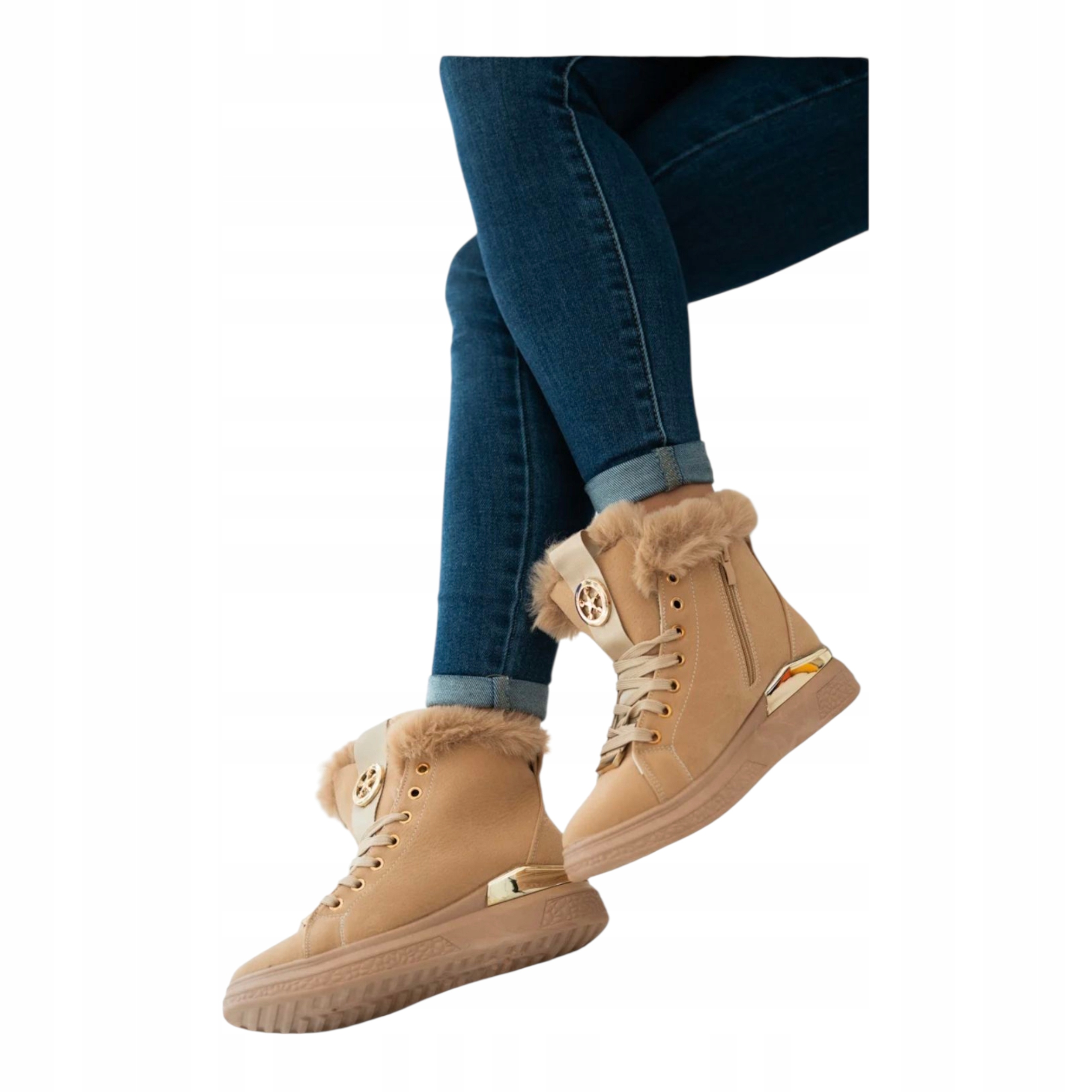 Dámské ploché Kotníkové Boty Zateplené tenisky s kožešinou Semišové béžové 39