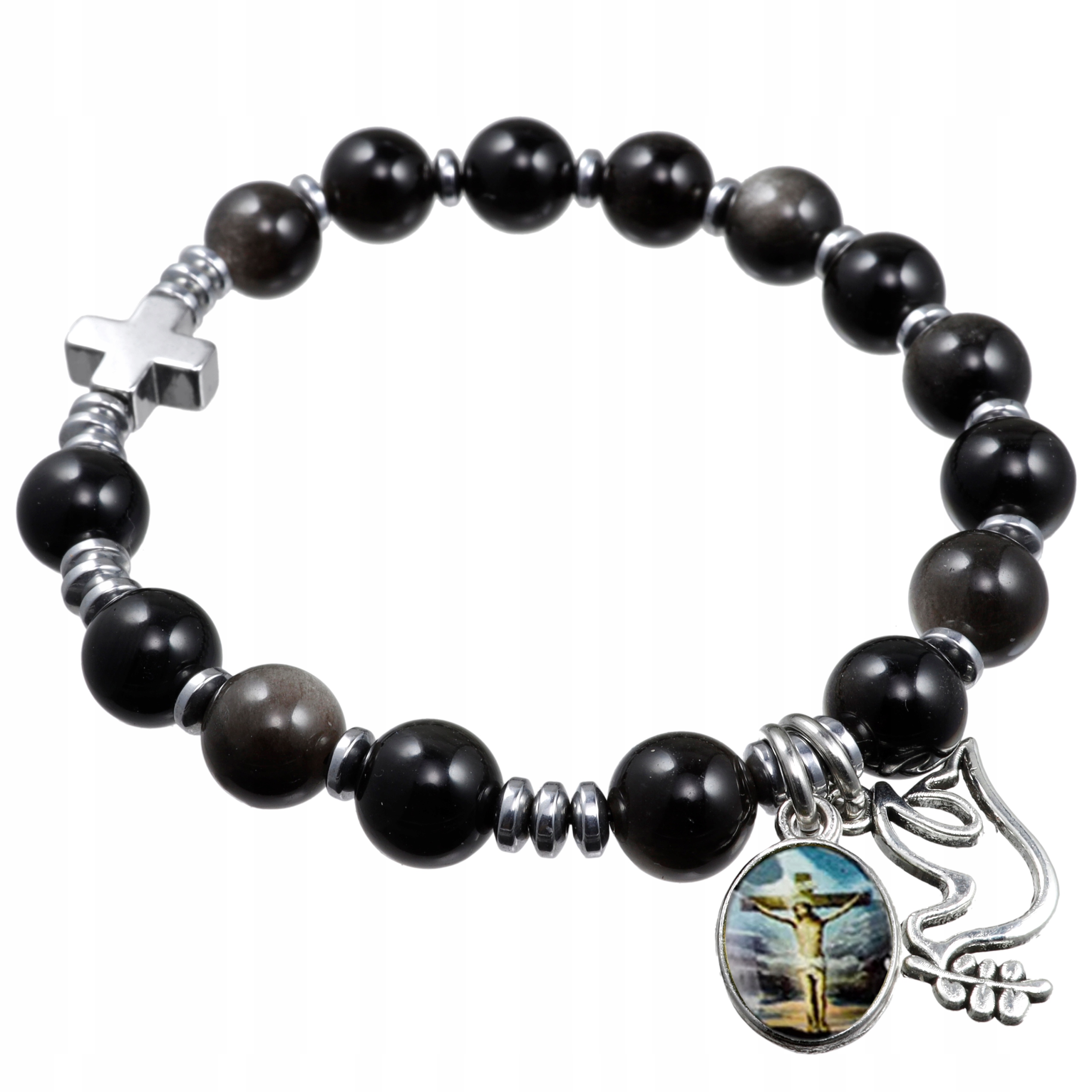 Dámský náramek Růženec na ruku desítka z kamenů Obsydian Stříbrný