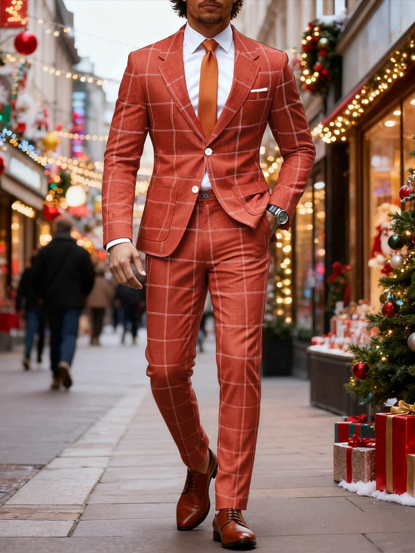 Pánský Červený Kostkovaný Slim Fit Oblek S Kalhotami Typu Shein