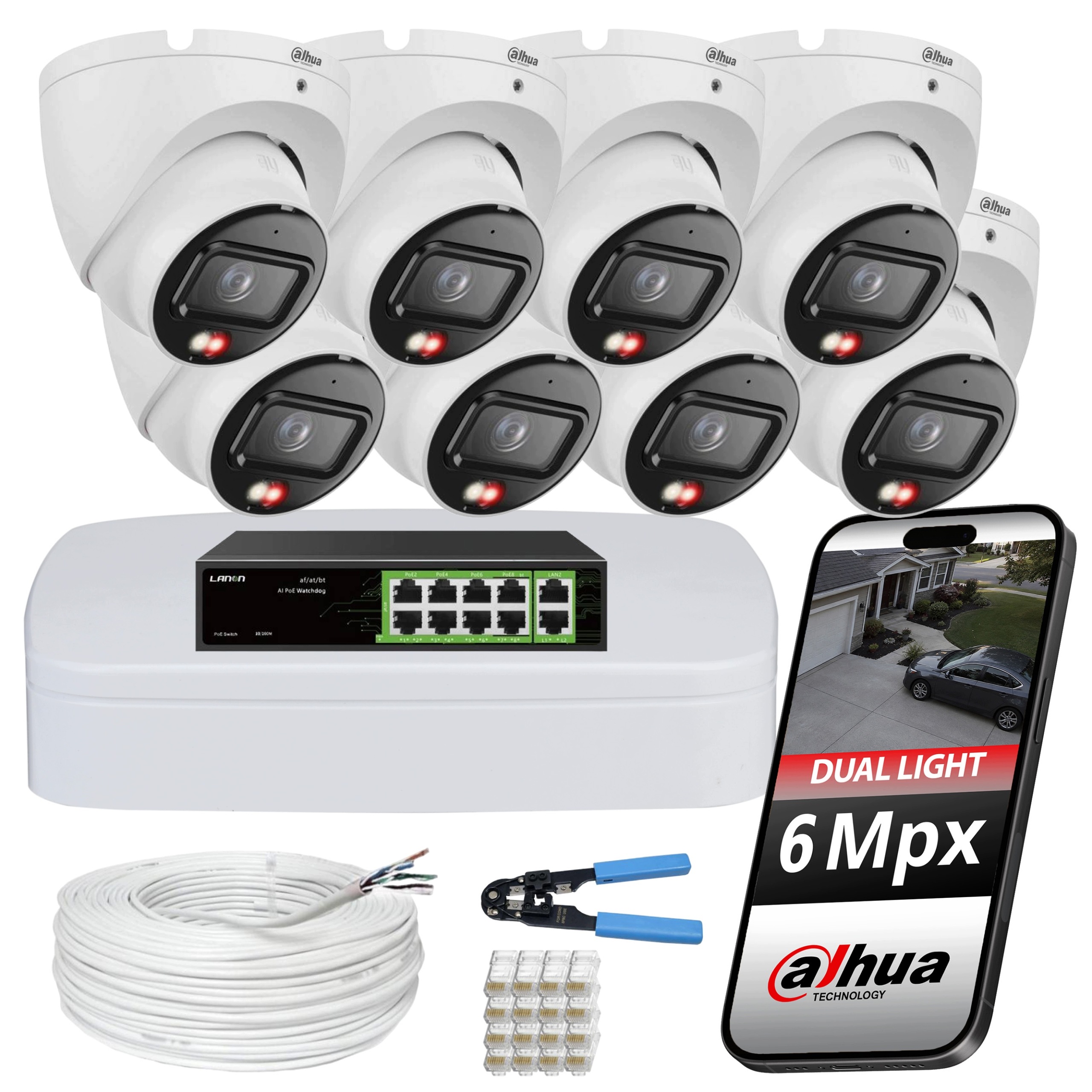 Monitorovací sada od společnosti Dahua pro 8 venkovních kamer 6Mpx Ip PoE Dual Light