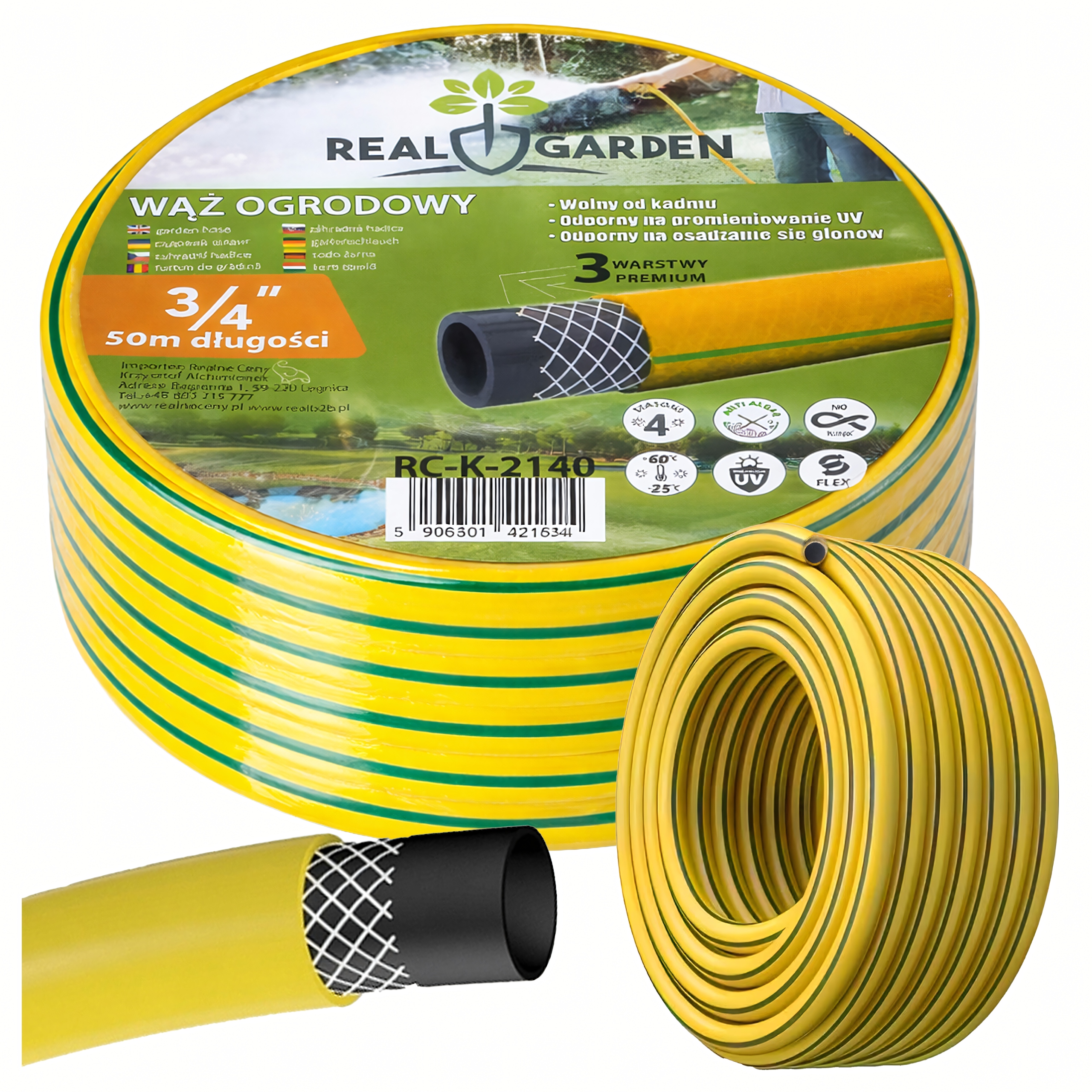 Wąż Ogrodowy 3 Warstwowy 3/4 50 m Zbrojony Zwijany do Wody Podlewania 2140