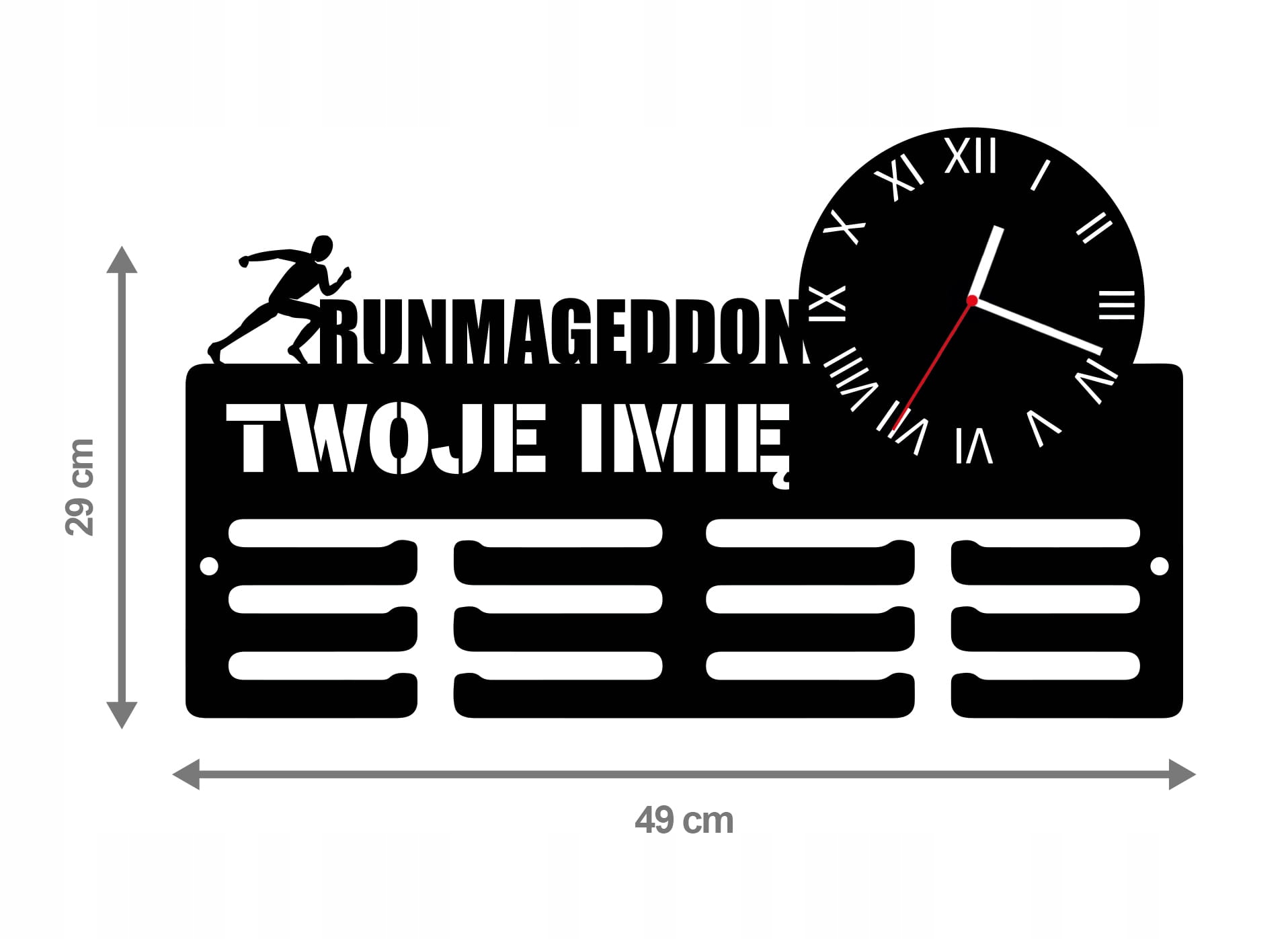 

Wieszak na medale z zegarem Runmageddon Imię 70.3