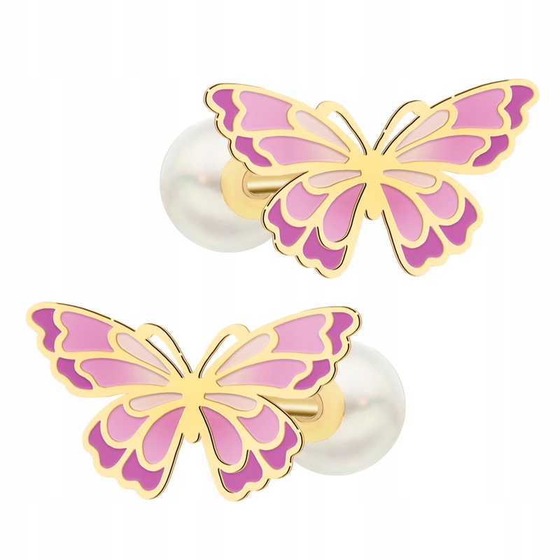 Zlaté Náušnice Dámské pr. 585 Motýlci Motýli Růžová Emalie Perla 14k