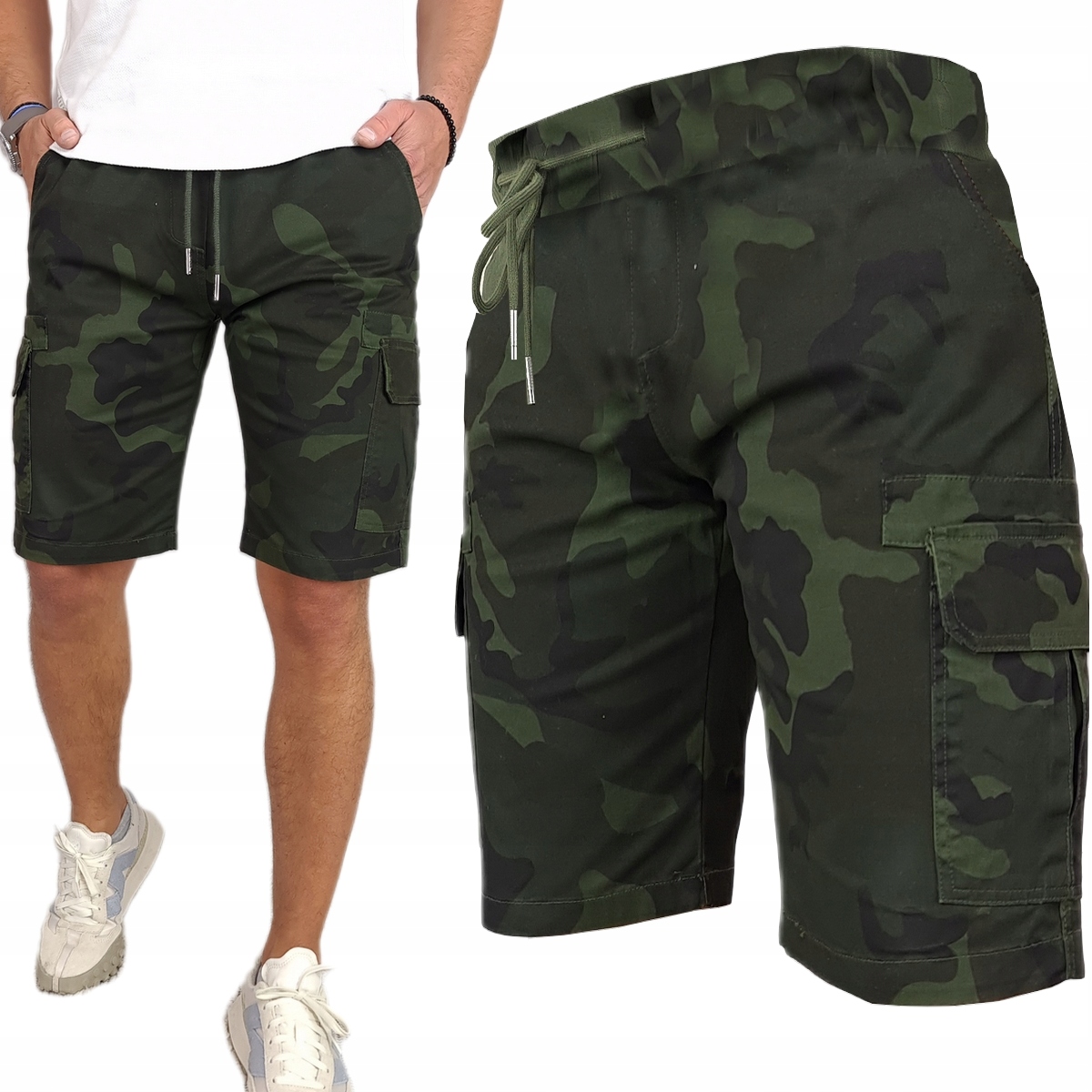 Spodenki męskie Jeansowe Bojówki krótkie spodnie Pas z Gumką Moro r. L