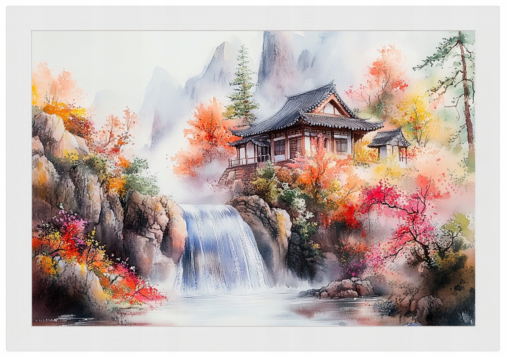 Plakát Rámeček Dřevo Krajina Orient Asie Japonsko Hory Vodopád Dům 60x40
