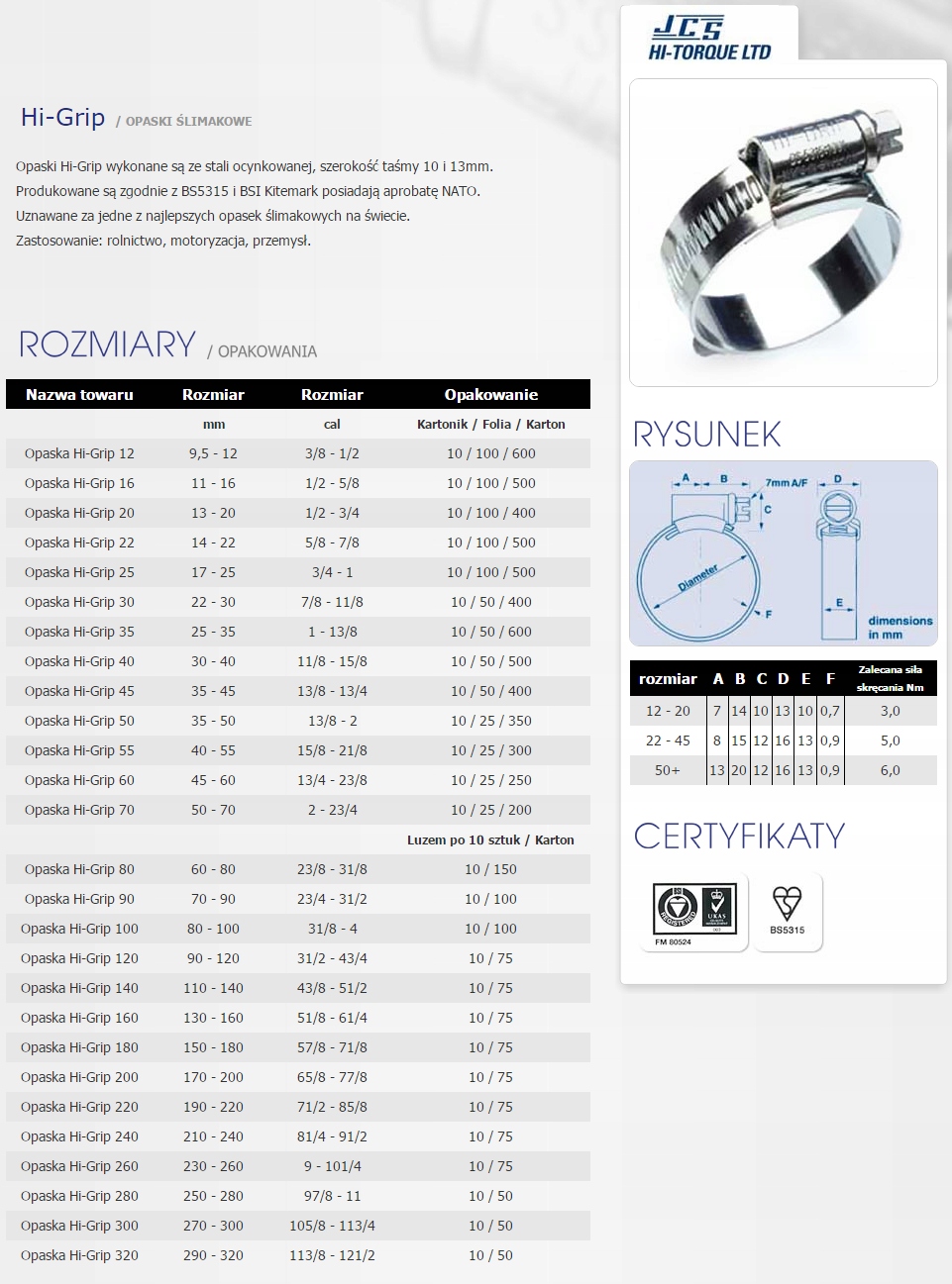 Obejma opaska ślimakowa Hi-Grip 35-45mm wzmocniona Średnica 45 mm