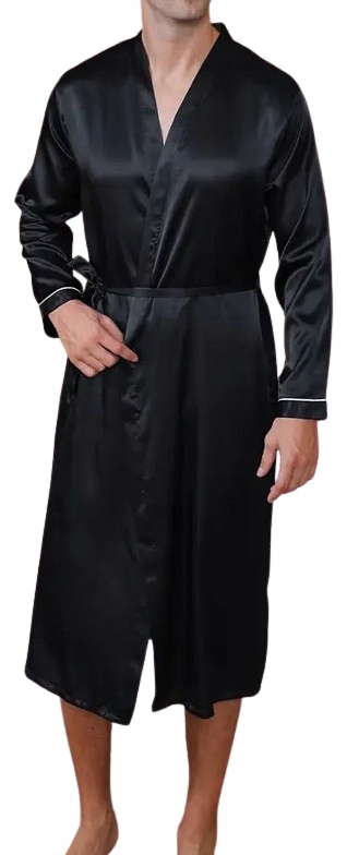 Elegantní Černý Saténový Župan Hedvábný Satén Velký Velikost XXL