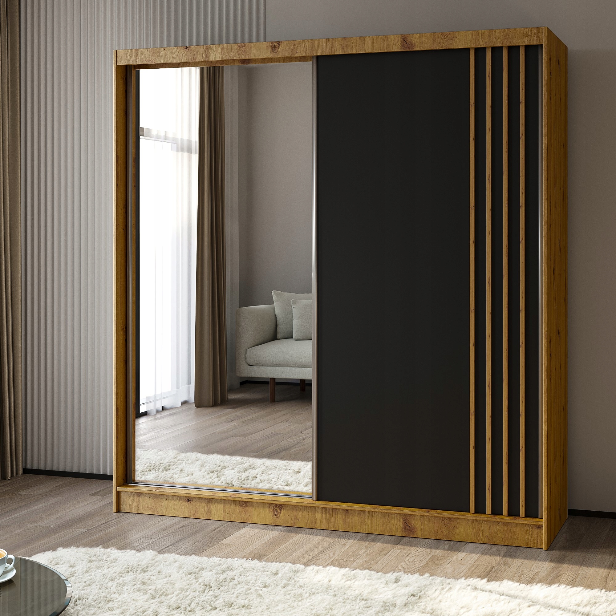 Skříň Nelvia 200 cm Skříň se zrcadlem Posuvná dub artisan