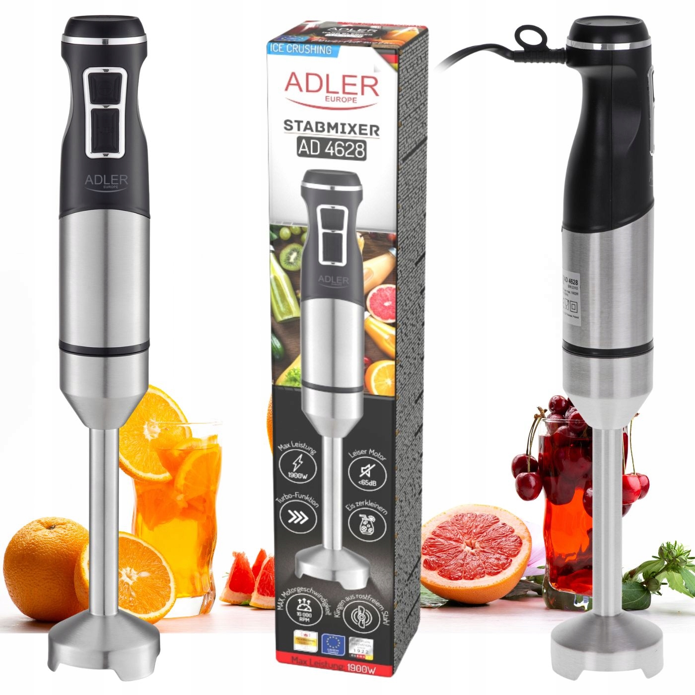 Blender Ręczny Mocny 1500W Kruszenie Lodu Turbo Metal Stopa Inox Duża Moc