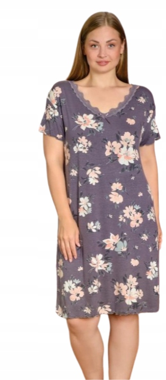 Dámská Šedá Košile Noční Viskóza S Krajkou Květiny Floral 3XL