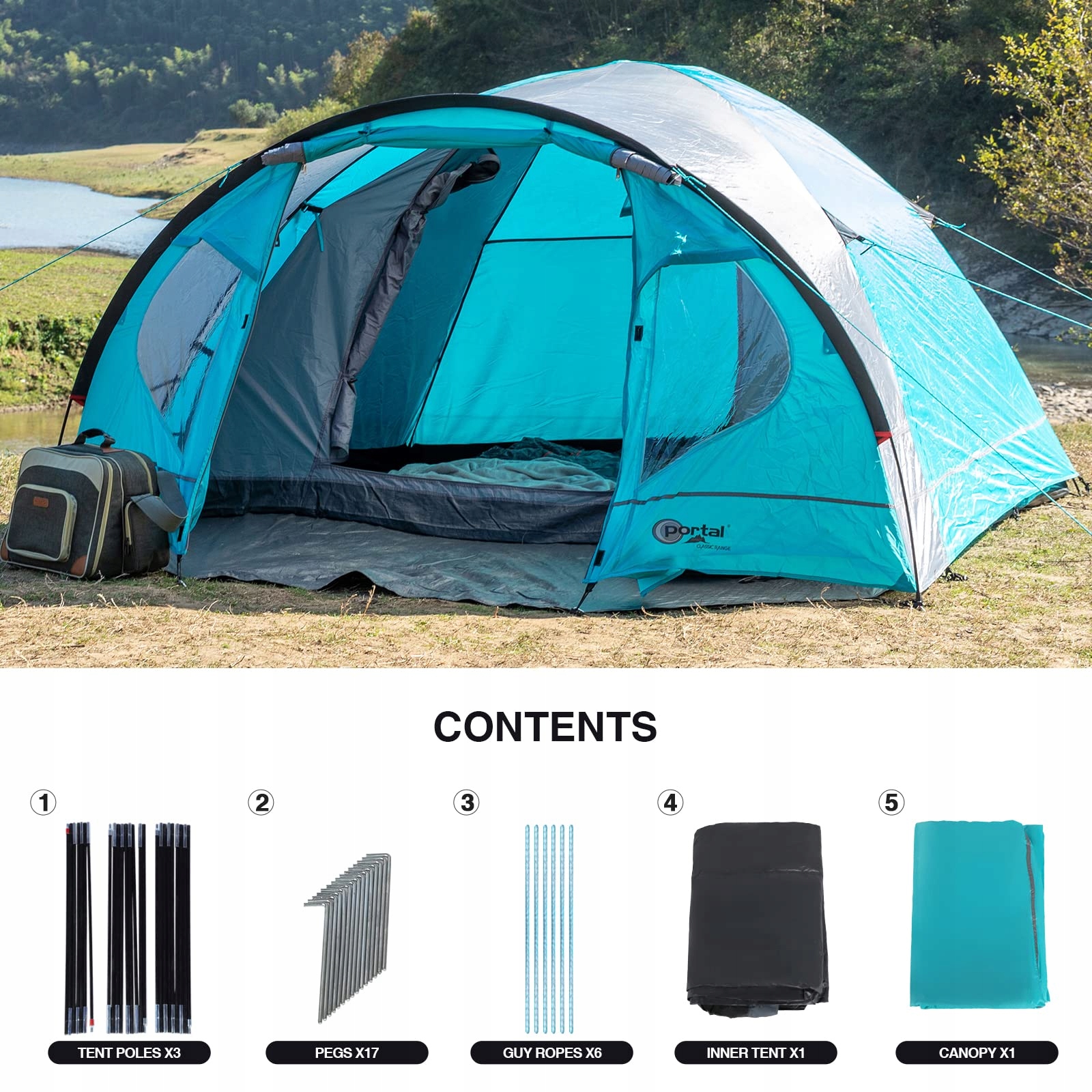 PORTAL Namiot Kuppelowy 3-4 Osobowy Wodoodporny 4000mm Camping — miniatura 8