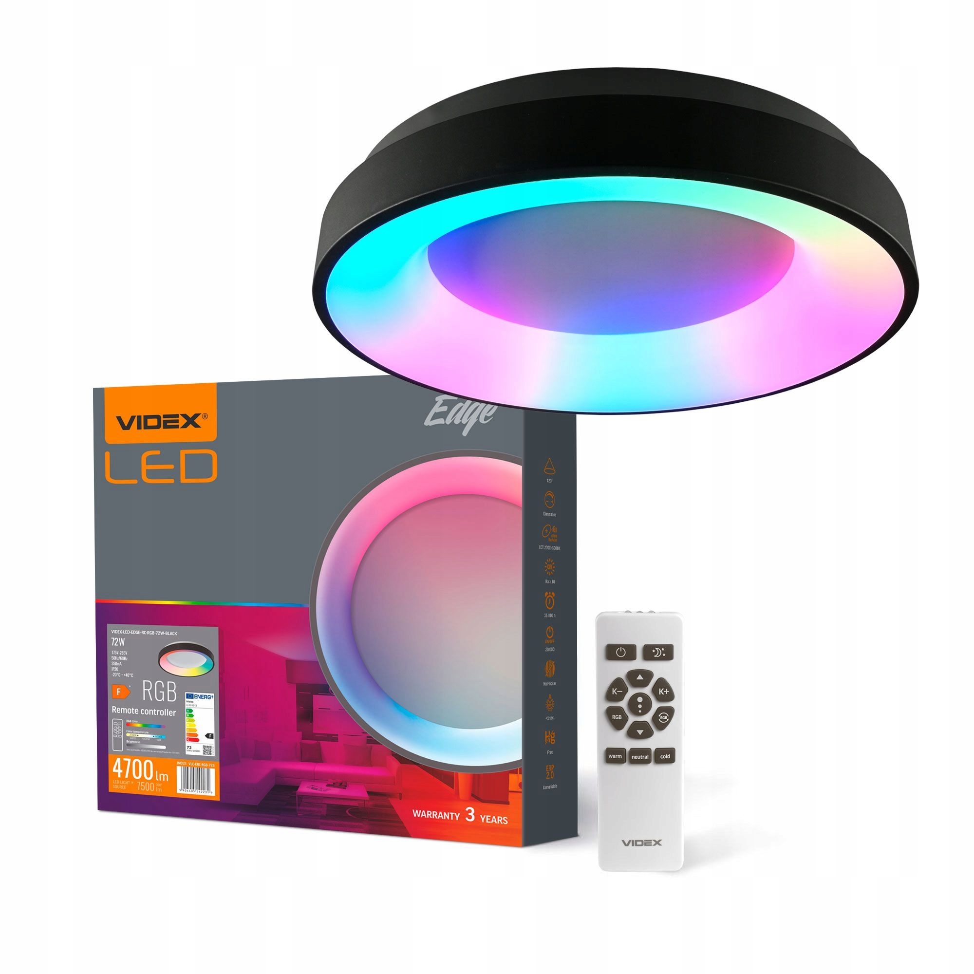 Videx stropné svietidlo Rgb čierny Edge VLE-ERC-RGB-72B
