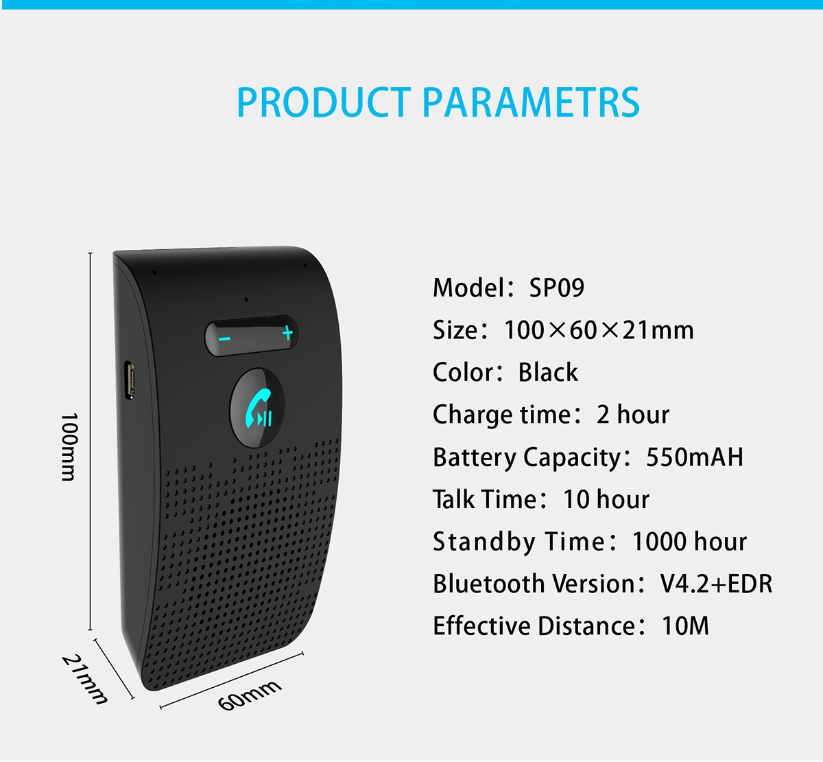 ZESTAW GŁOŚNOMÓWIĄCY DO SAMOCHODU BT 5.0 AUTOSTART SP09 Czas rozmów 10 h