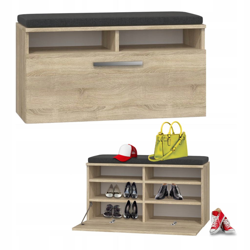 SZAFKA NA BUTY Z SIEDZISKIEM PÓŁKA NA OBUWIE ZE SCHOWKIEM REGAŁ DĄB SONOMA