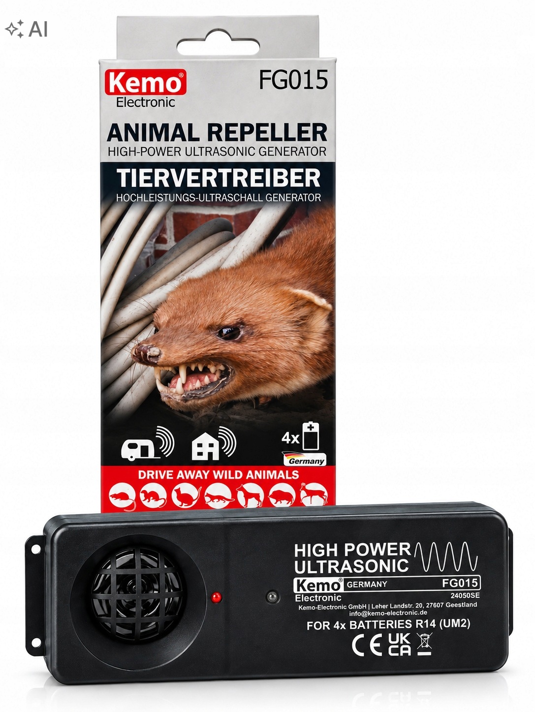 Odpuzovač zvířat Kemo FG015 ultrazvuk silný proti kunám, divočákům a srncům