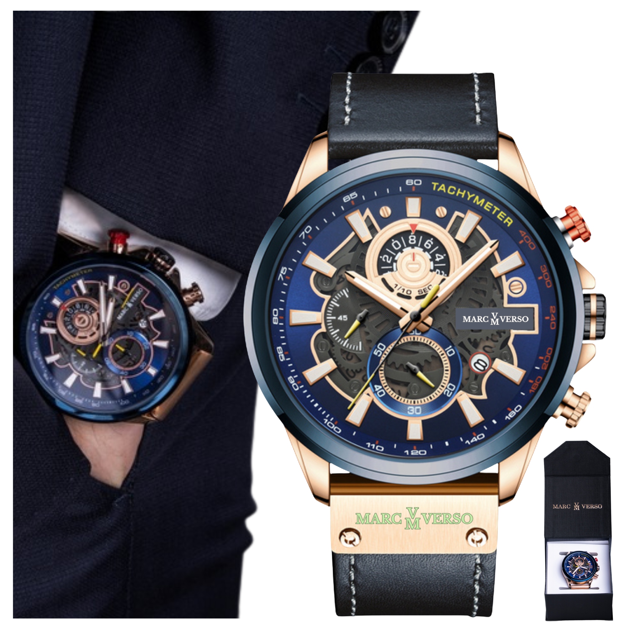 Elegantní Pánské Hodinky Ocel Kožený Řemínek Klasické Stopky Datumovka Box