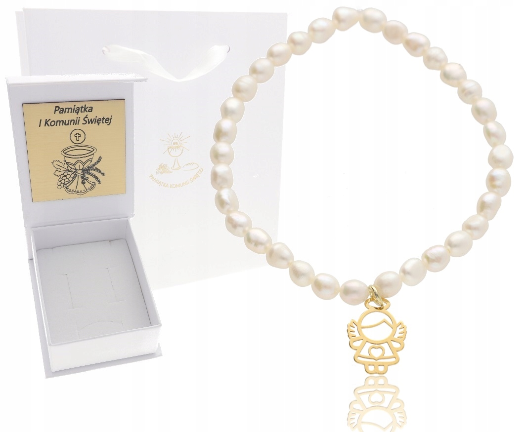 

Złota bransoletka Aniołek Perła Grawer srebro 925