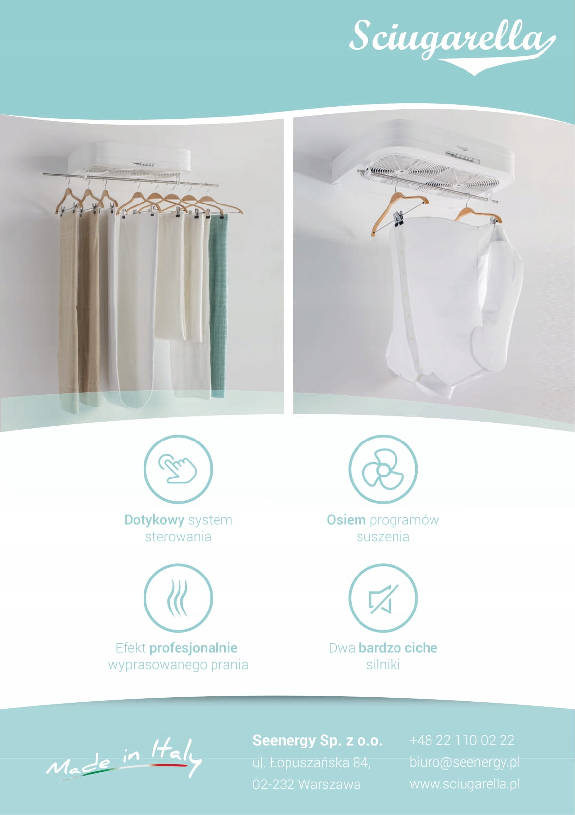 Suszarka do ubrań ścienna Sciugarella SeeNERGY Sposób załadunku od frontu