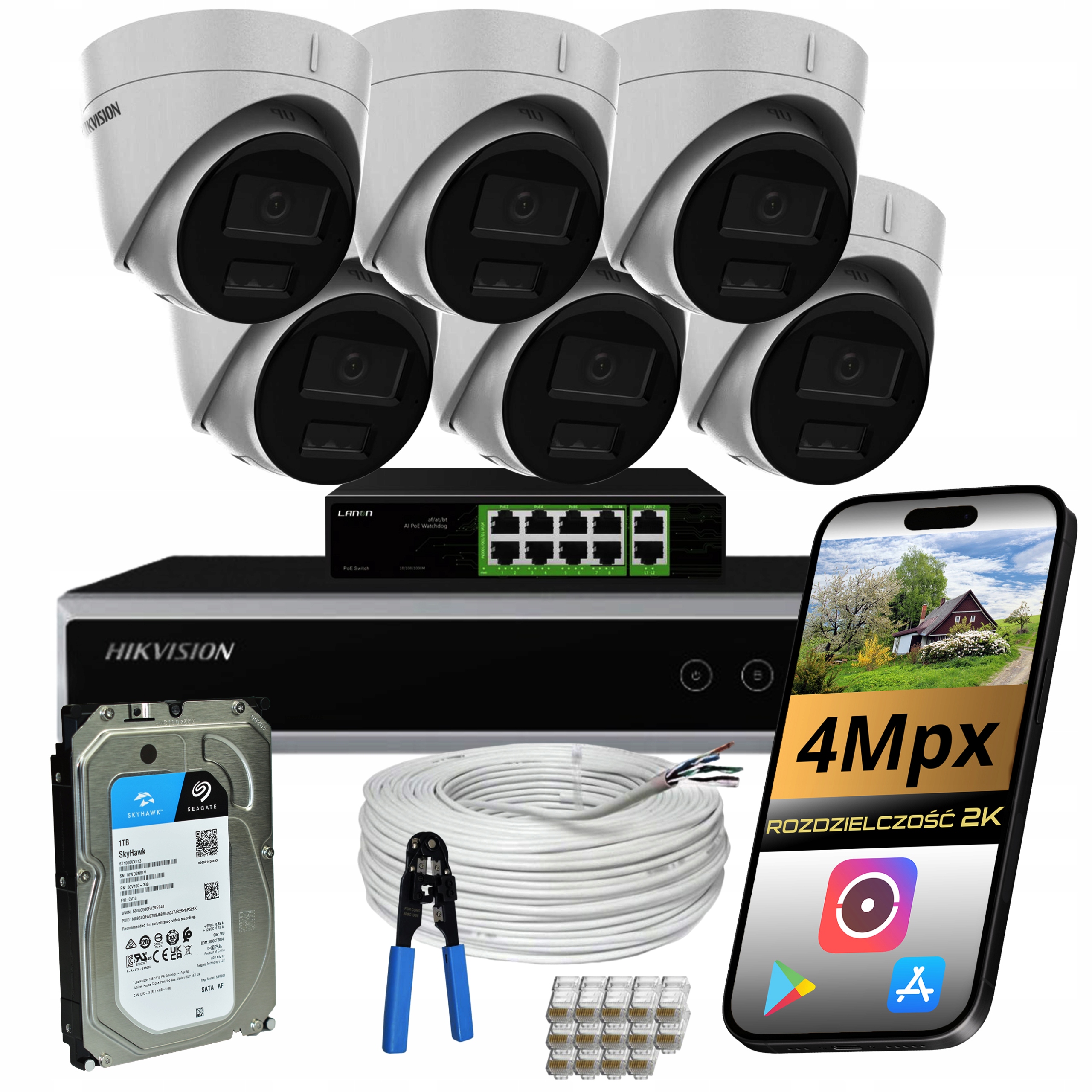 Zestaw Do Monitoringu Domu 6 Kamer Ip Poe 4Mpx Dual Ir Led Hikvision 1TB
