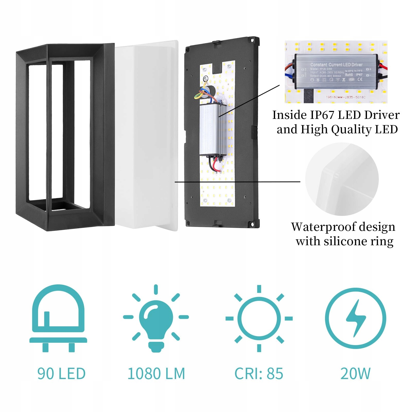 KLIGHTEN 20W Lampa Ścienna Zewnętrzna IP65 1080 Lumen 3000K Czarna — miniatura 2