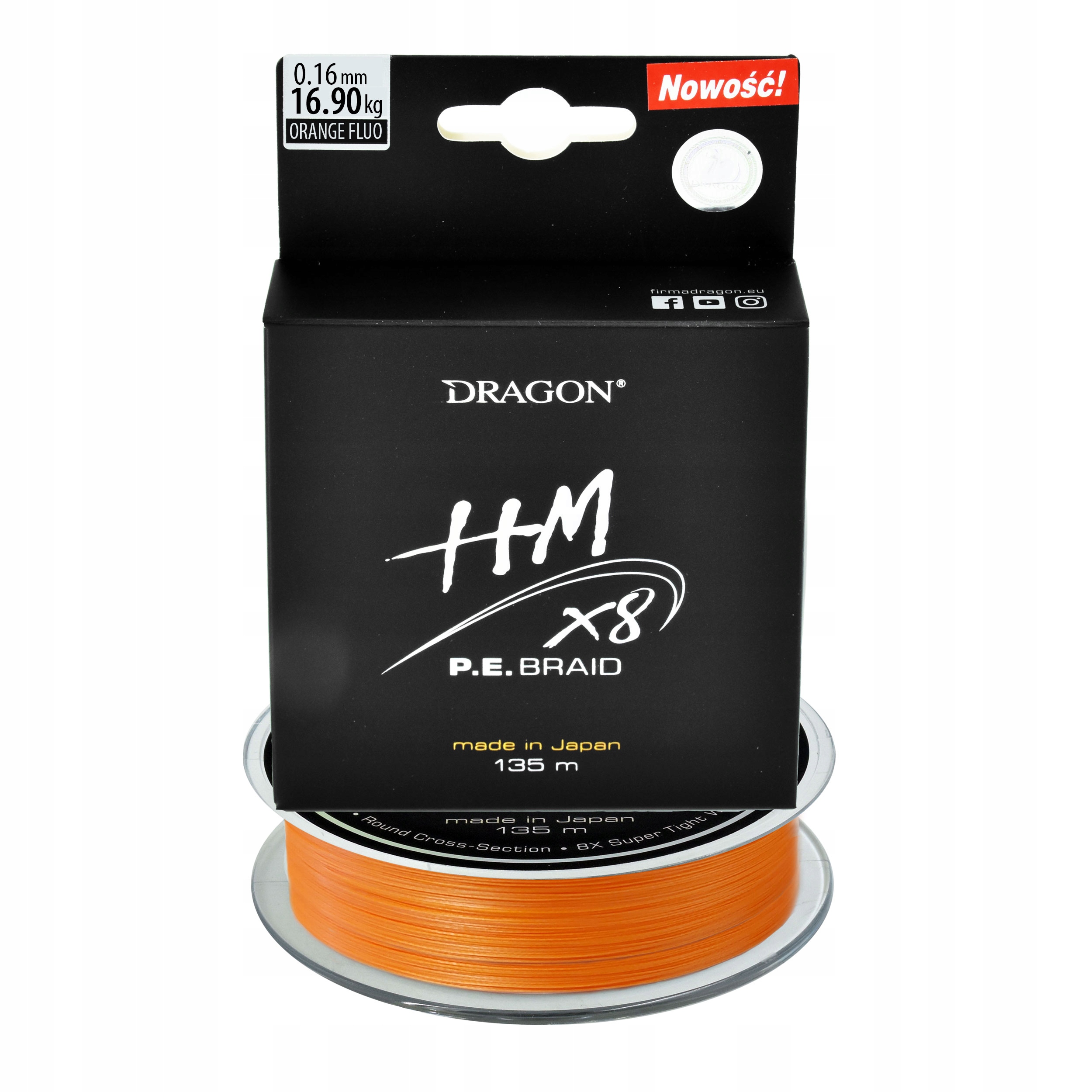 Plecionka 8splotowa Dragon Hm X8 P.e. 0.16mm 135m pomarańczowa 16,90kg 1szt
