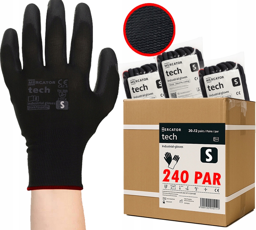 Pracovné rukavice Mercator Tech Black+Black Pu S 240 párov