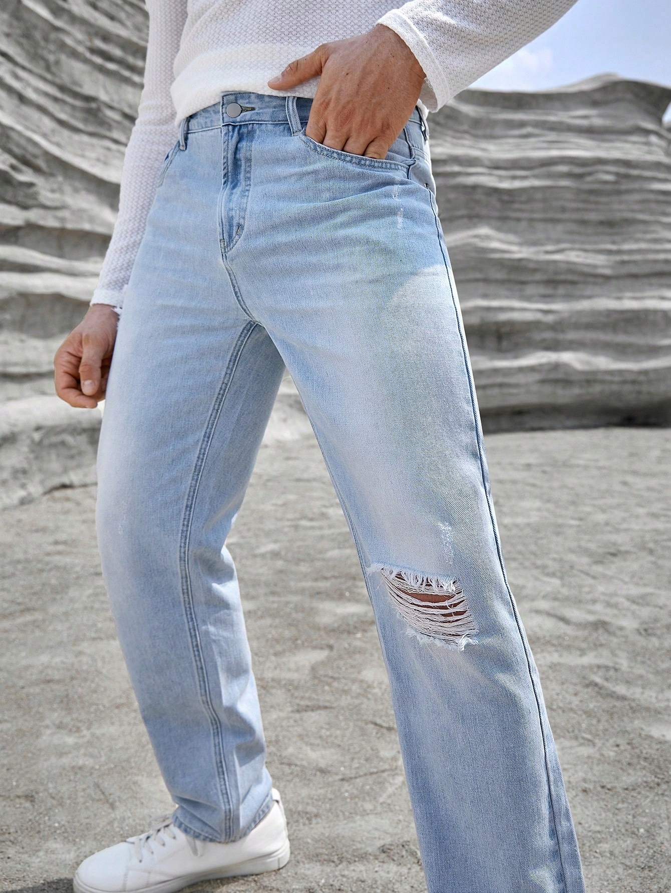 Pánské Džíny S Dírami, Zúžené, Světle Modré, Casual Shein M