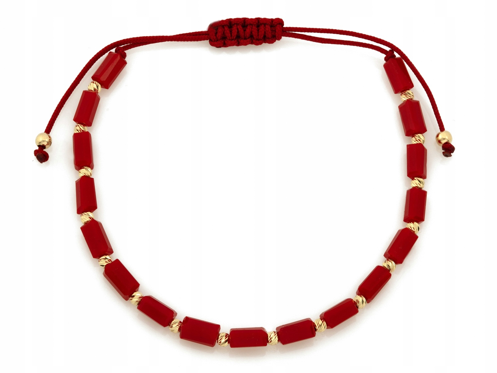 Náramek zlaté kuličky 585 na červeném provázku, obdélníky na dárek