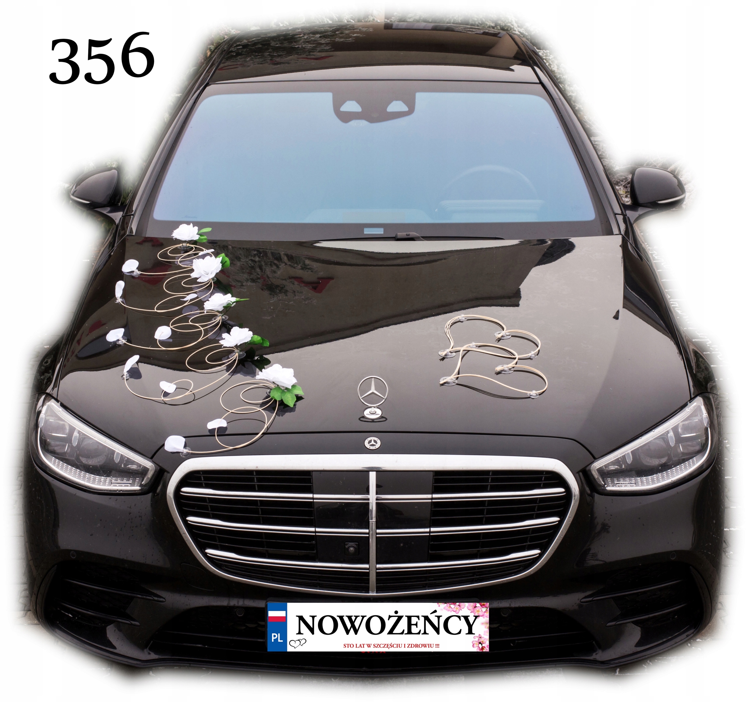 

Biała weselna Ozdoba na czarne auto do ślubu 356