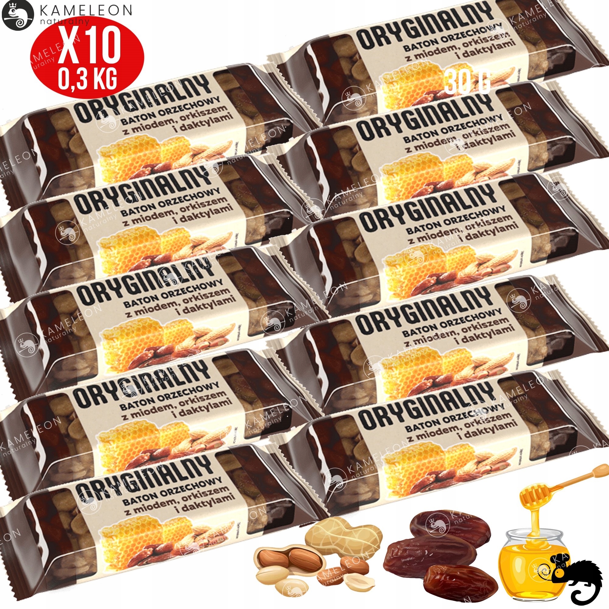 ORYGINALNY BATON ORZECHOWY z MIODEM ORKISZEM I DAKTYLAMI 30g x10 300g 0,3KG