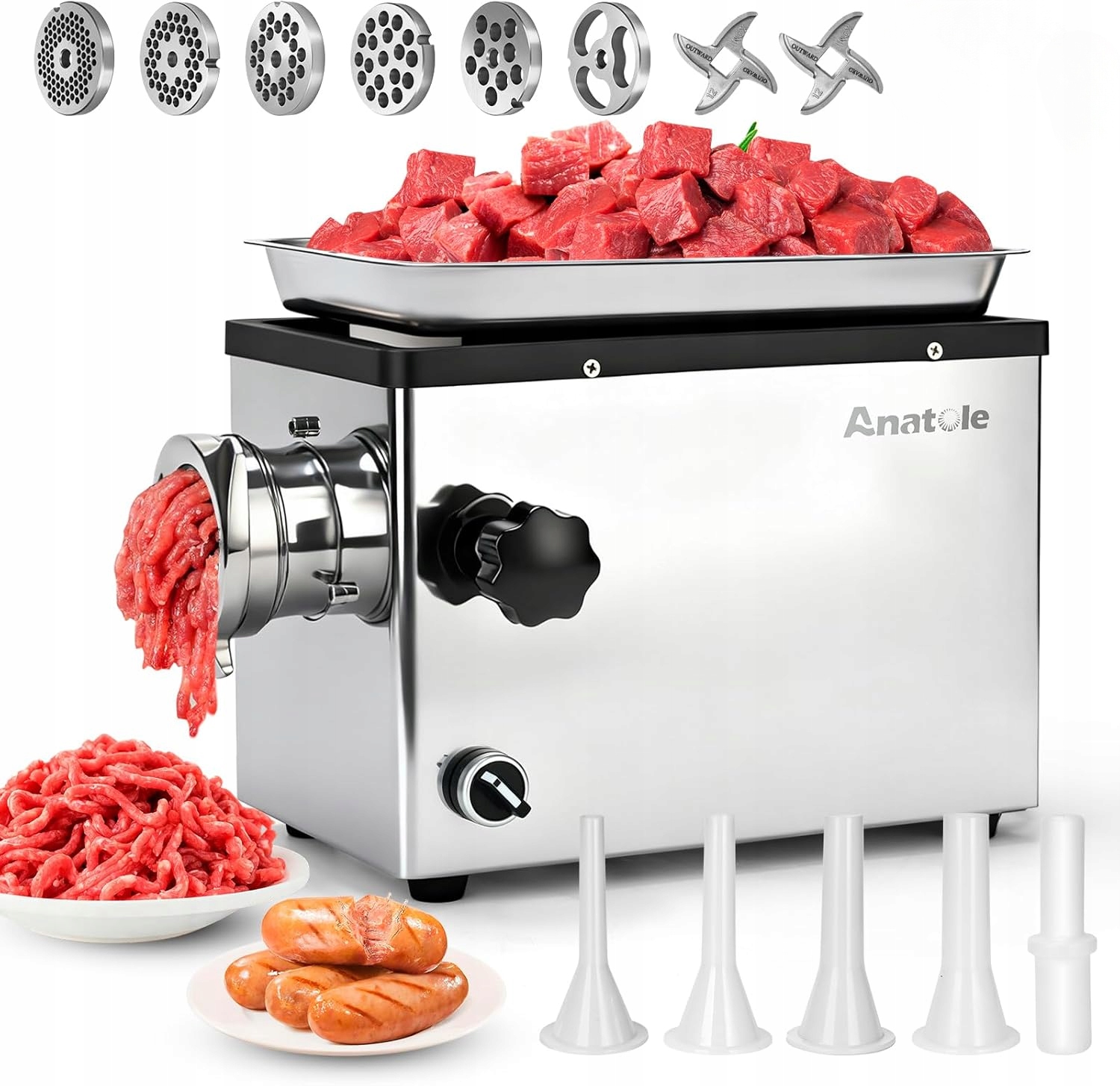 Elektrický mlýnek na klobásy a maso 1300 W nerezová ocel 2,5 kg, 6 sítek