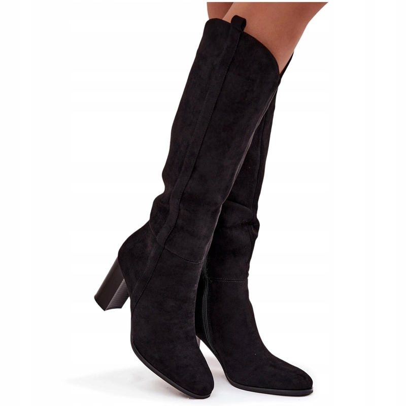 Dámské Kozačky Eko Semišové Podpatek Sloupek Nazouvací Zip Černé 41