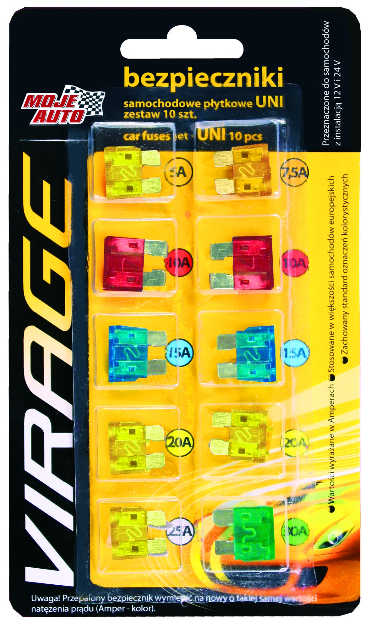 ZESTAW BEZPIECZNIKÓW SAMOCHODOWYCH 10 szt PŁYTKOWE